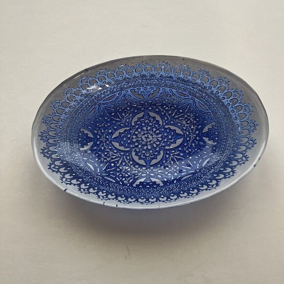 Sapphire Blue Hand Painted Glass Raised Relief Oval Bowl - Picture 8 of 8
